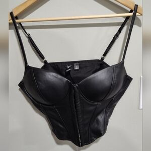 WINDSOR WOMEN'S LARGE BLACK CORSET BUSTIER TOP W/SKINNY STRAPS, FAUX LEATHER